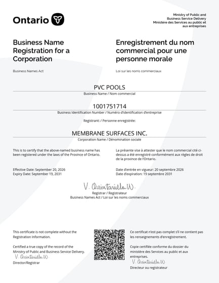 Ontario Business Name Registration — PVC POOLS, registered by Membrane Surfaces Inc.