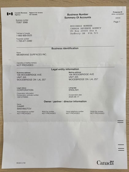 Canada Revenue Agency — Business Number summary of accounts, Membrane Surfaces Inc.
