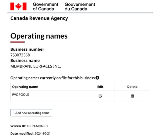 Canada Revenue Agency — PVC Pools registered as the operating name of Membrane Surfaces Inc.
