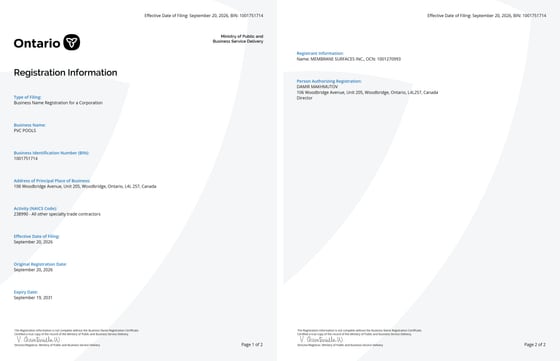 Ontario Registration Information — business name PVC POOLS, BIN 1001751714