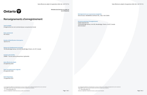 Renseignements d’enregistrement (Ontario) — nom commercial PVC POOLS