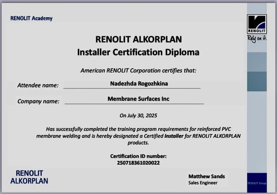 RENOLIT ALKORPLAN Installer Certification Diploma — Nadezhda Rogozhkina