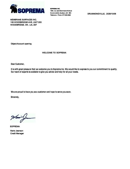 SOPREMA Inc. account opening letter (Welcome to SOPREMA) to Membrane Surfaces Inc.