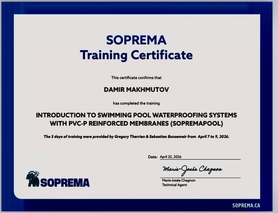 SOPREMA Training Certificate (SOPREMAPOOL) — Damir Makhmutov