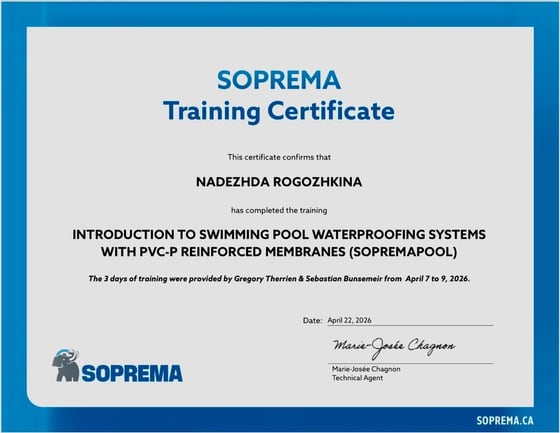 SOPREMA Training Certificate (SOPREMAPOOL) — Nadezhda Rogozhkina