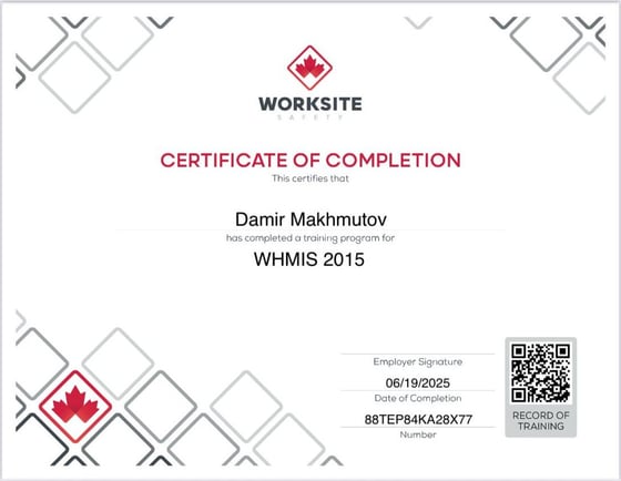 WHMIS 2015 Certificate of Completion — Damir Makhmutov