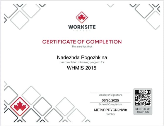 WHMIS 2015 Certificate of Completion — Nadezhda Rogozhkina