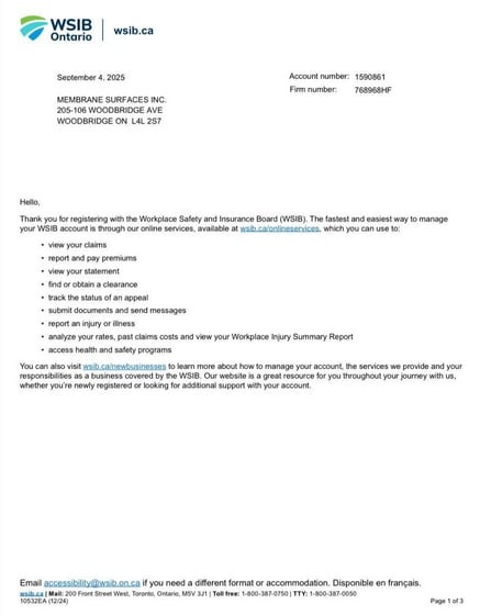 WSIB Ontario registration — Membrane Surfaces Inc.